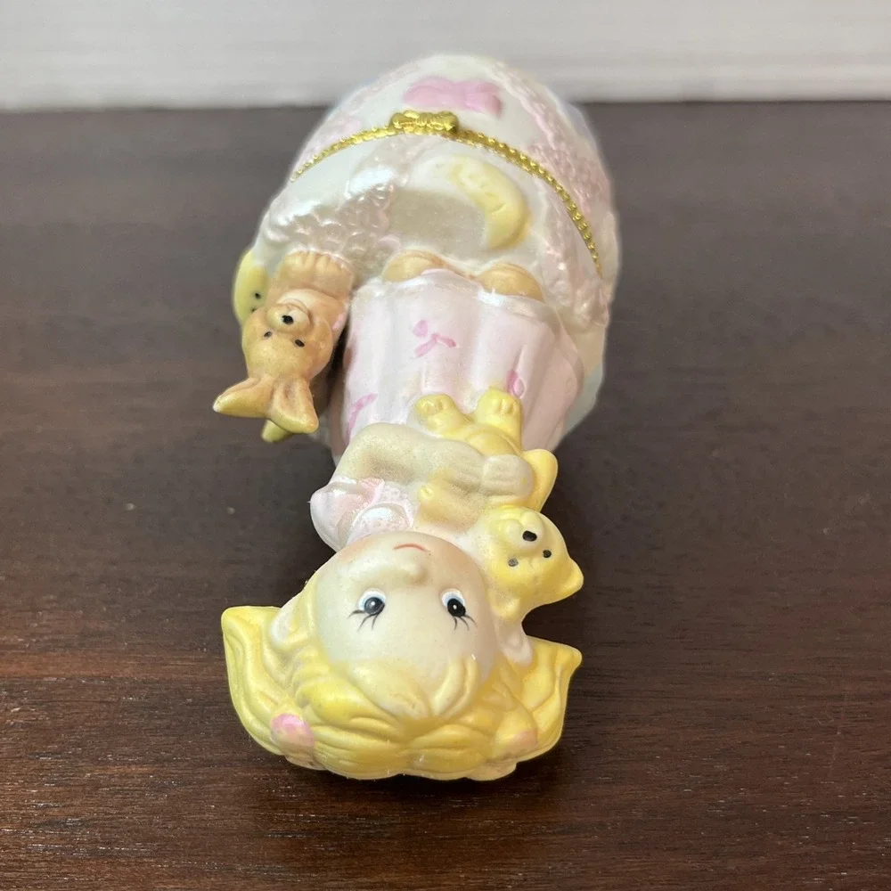 Vtg‎ Porcelain Hinged Trinket Box Girl & Teddy Bear Jewelry Holder Tooth Fairy